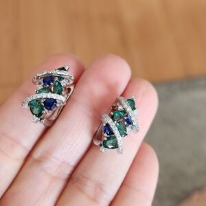 New 925 Silver Blue Sapphire Emerald Diamond Hoop Earrings for Women